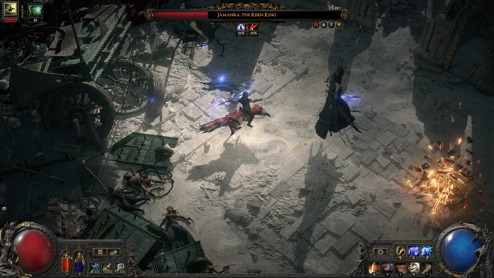 Path of Exile 2 gameplay during the Jamanra fight, with the boss health bar and skill bar